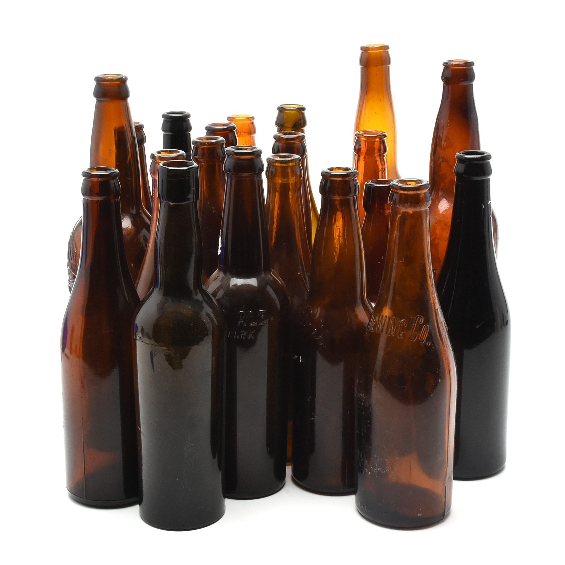 Antique Circa 1890 Amber Beer Bottles and Split Oak Basket