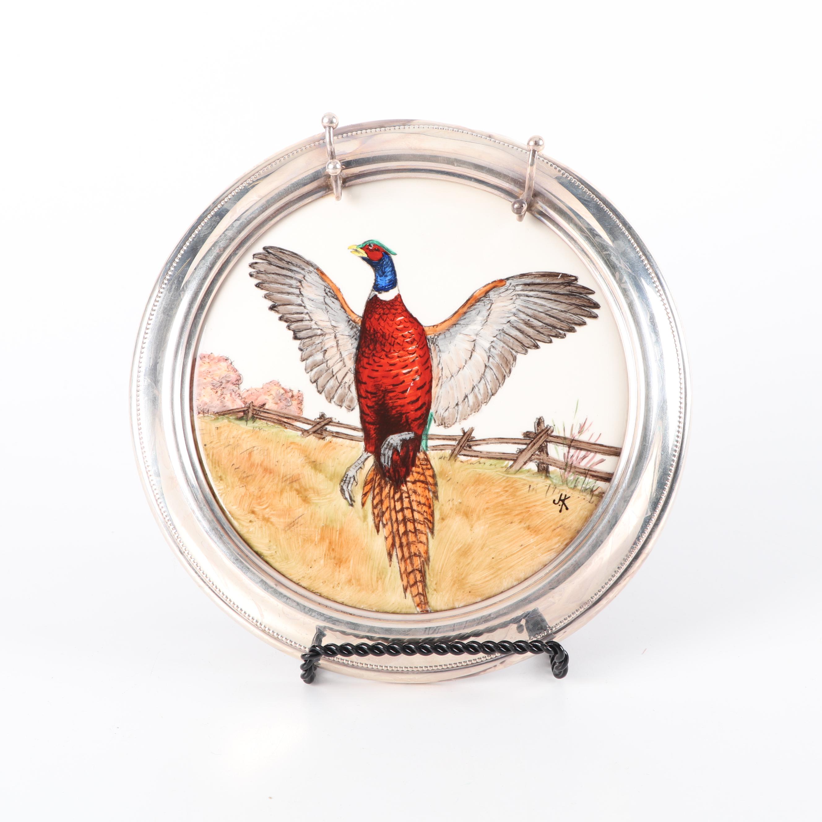 Sterling Silver Rimmed Hand-Painted Pheasant Porcelain Cheese Tray