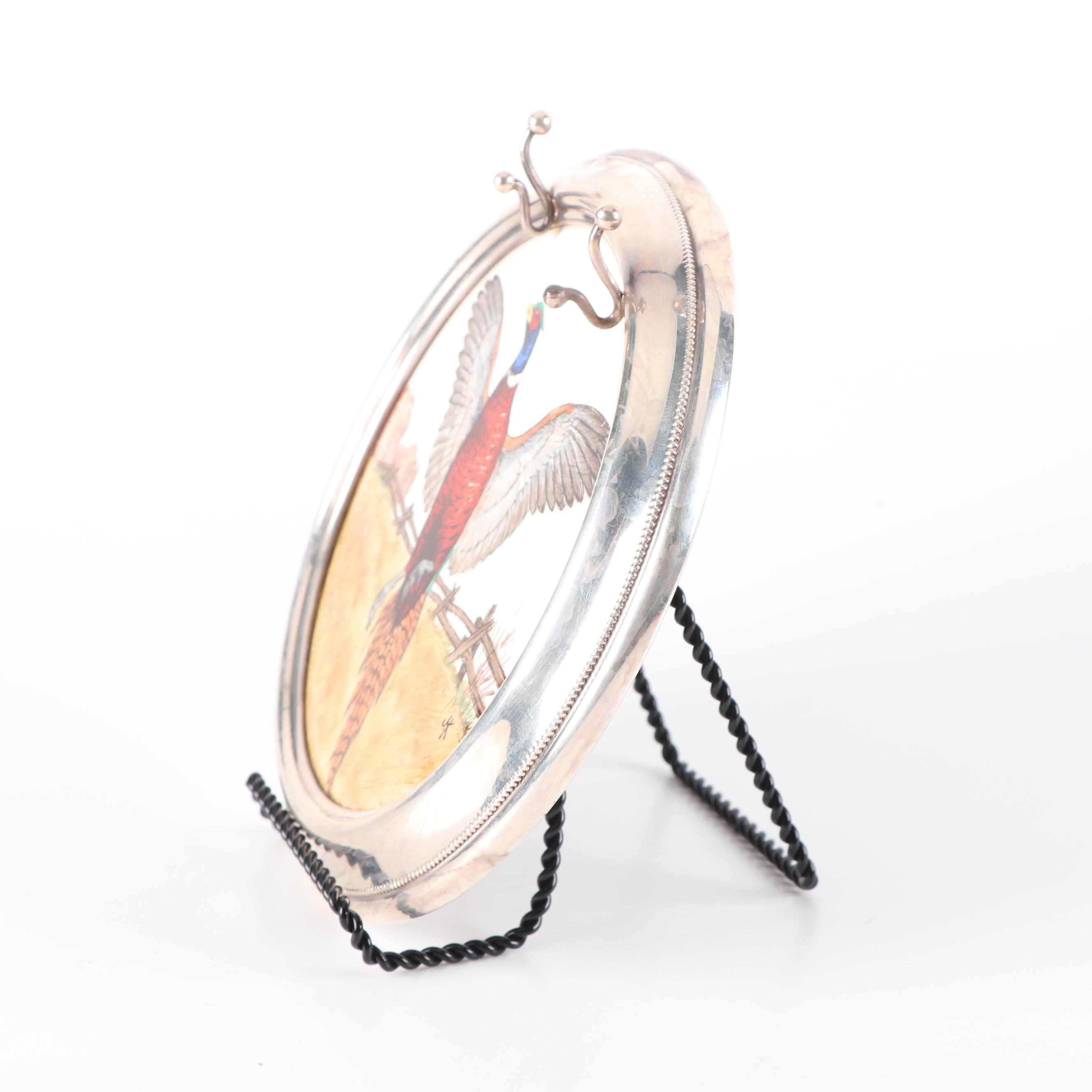 Sterling Silver Rimmed Hand-Painted Pheasant Porcelain Cheese Tray