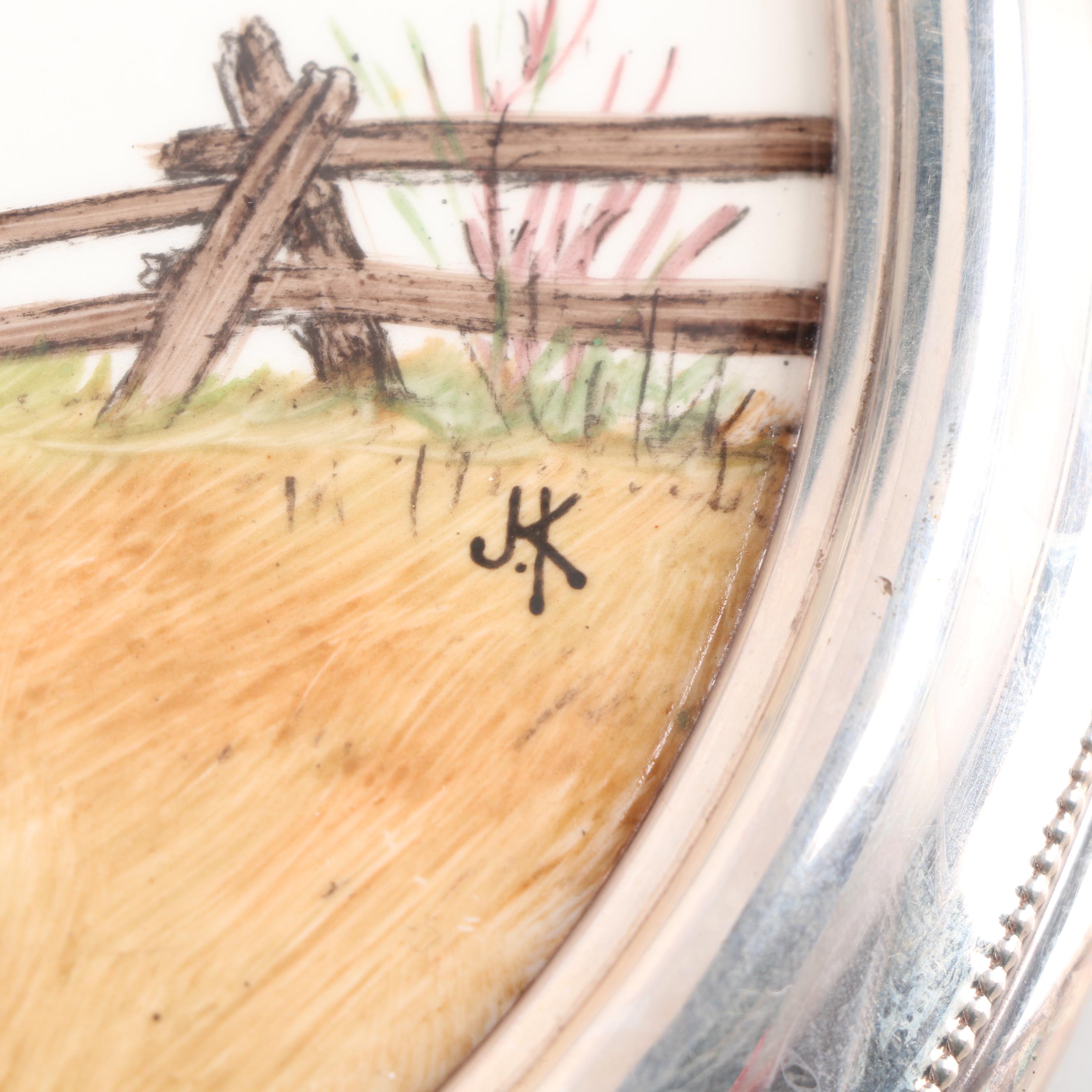 Sterling Silver Rimmed Hand-Painted Pheasant Porcelain Cheese Tray