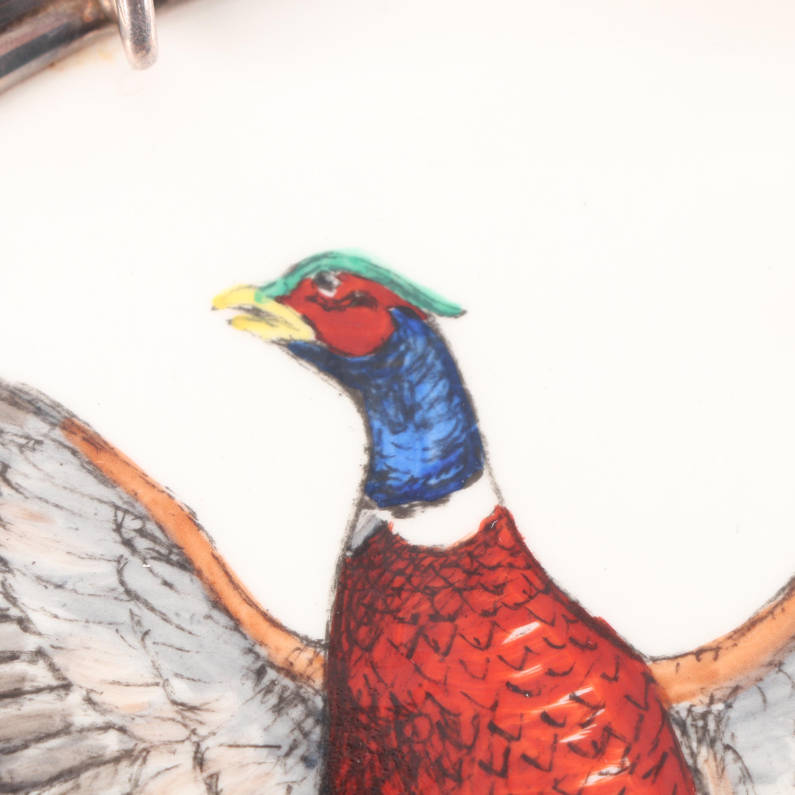 Sterling Silver Rimmed Hand-Painted Pheasant Porcelain Cheese Tray