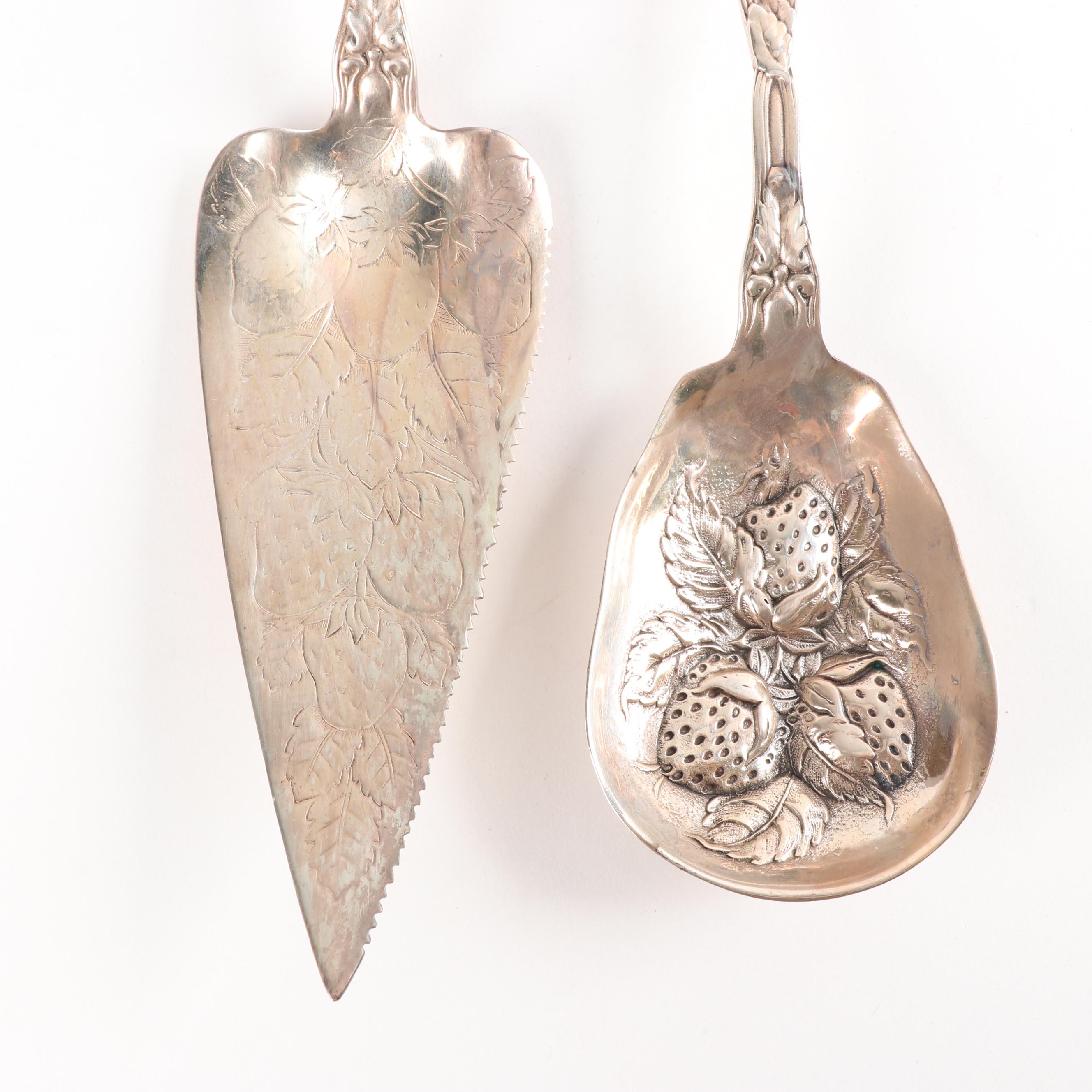 Sterling Silver Strawberry Motif Cake Server and Berry Spoon