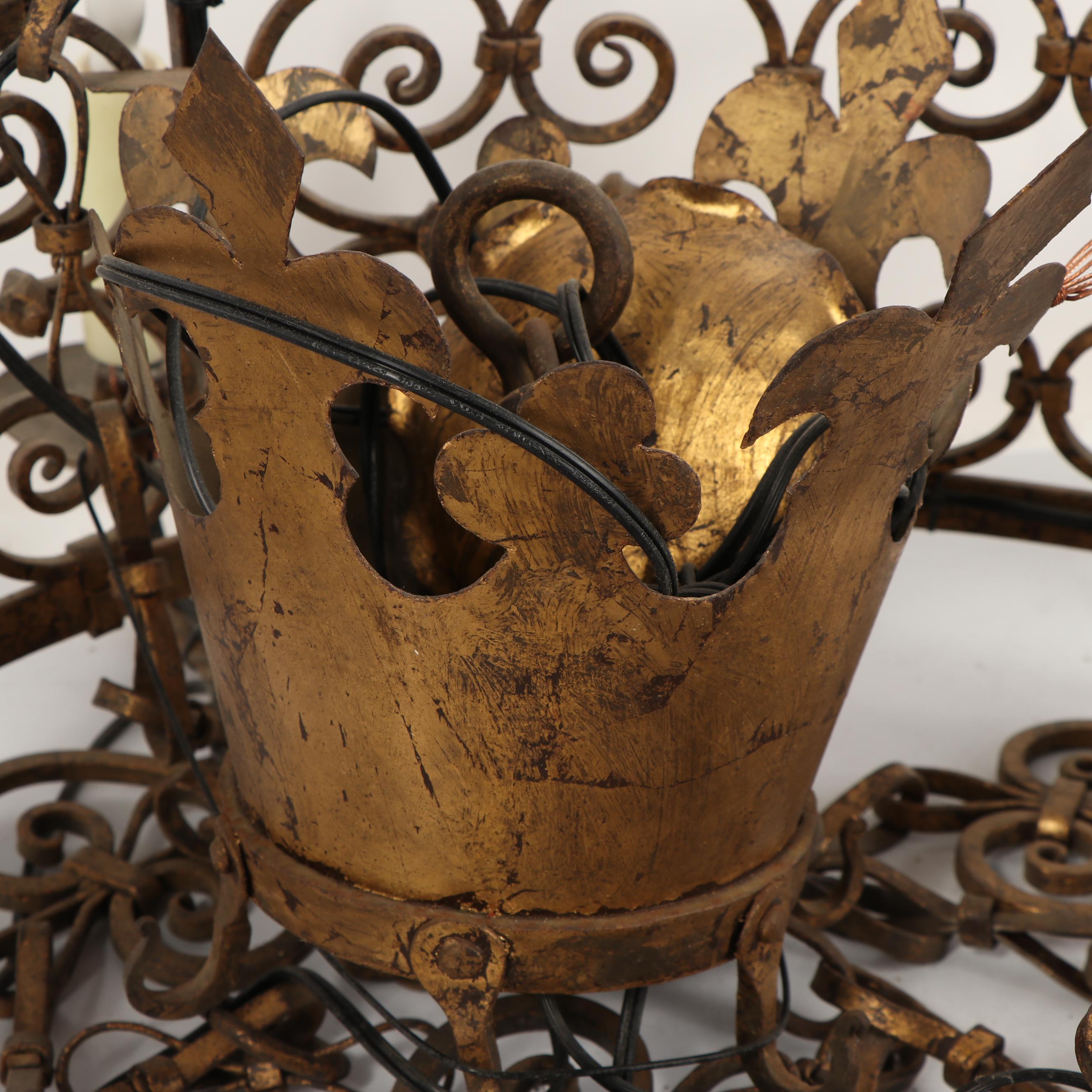 Vintage Seven Light Scrolled Wrought Metal Chandelier with Fleur de Lis Crown