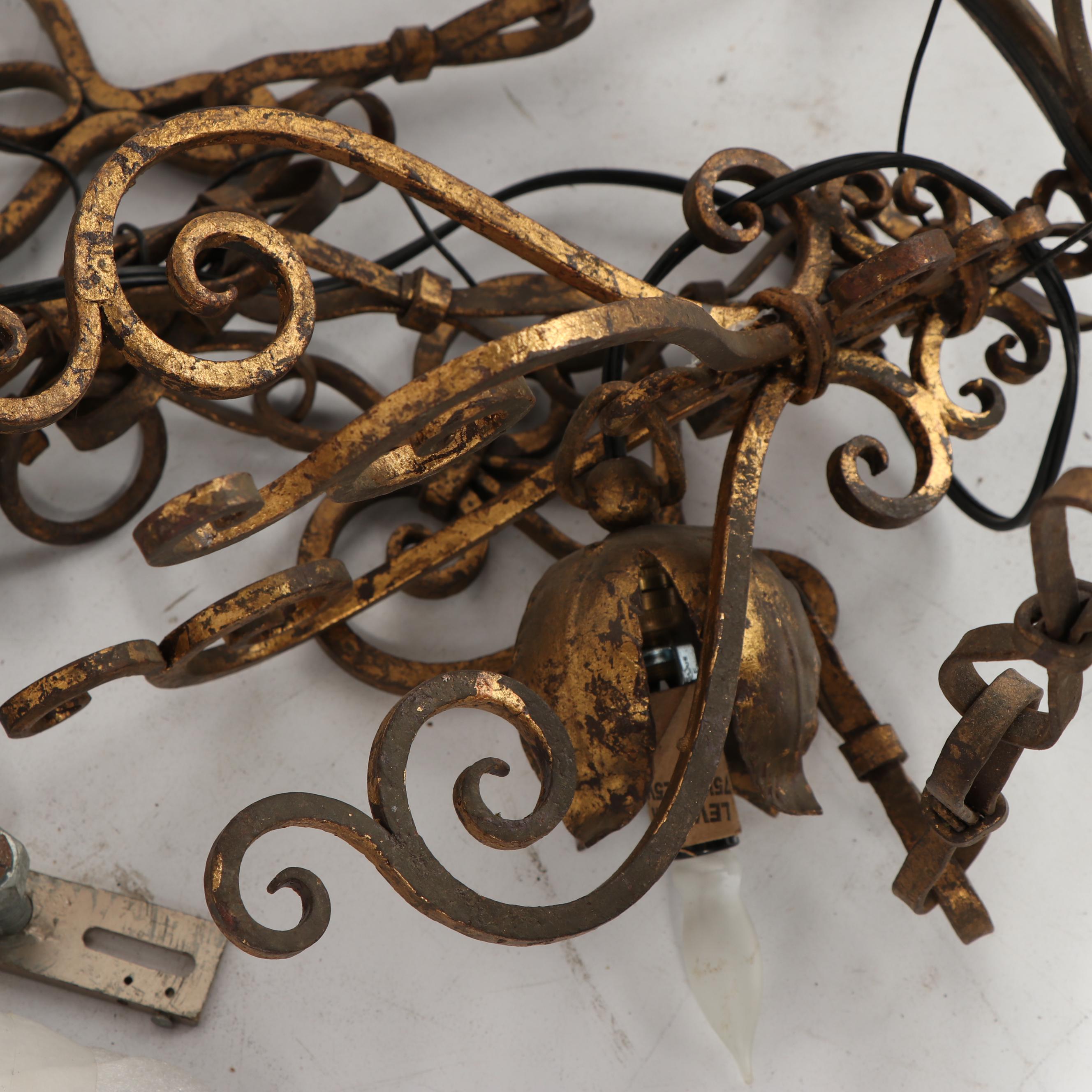 Vintage Seven Light Scrolled Wrought Metal Chandelier with Fleur de Lis Crown