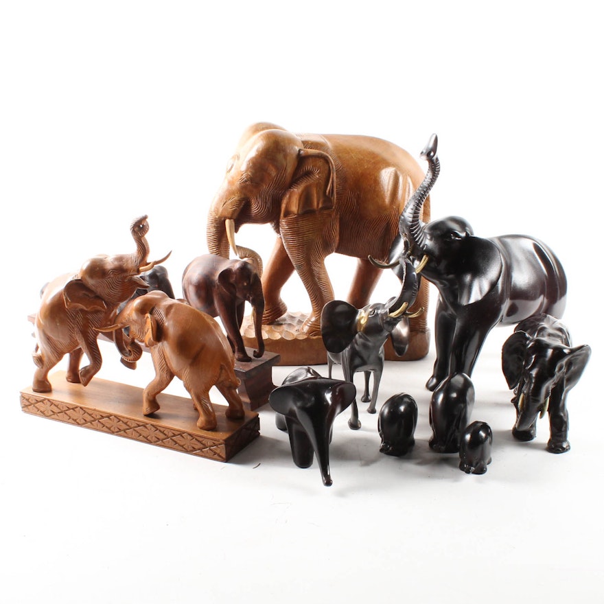 Metal and Carved Wood Sculptures of Elephants