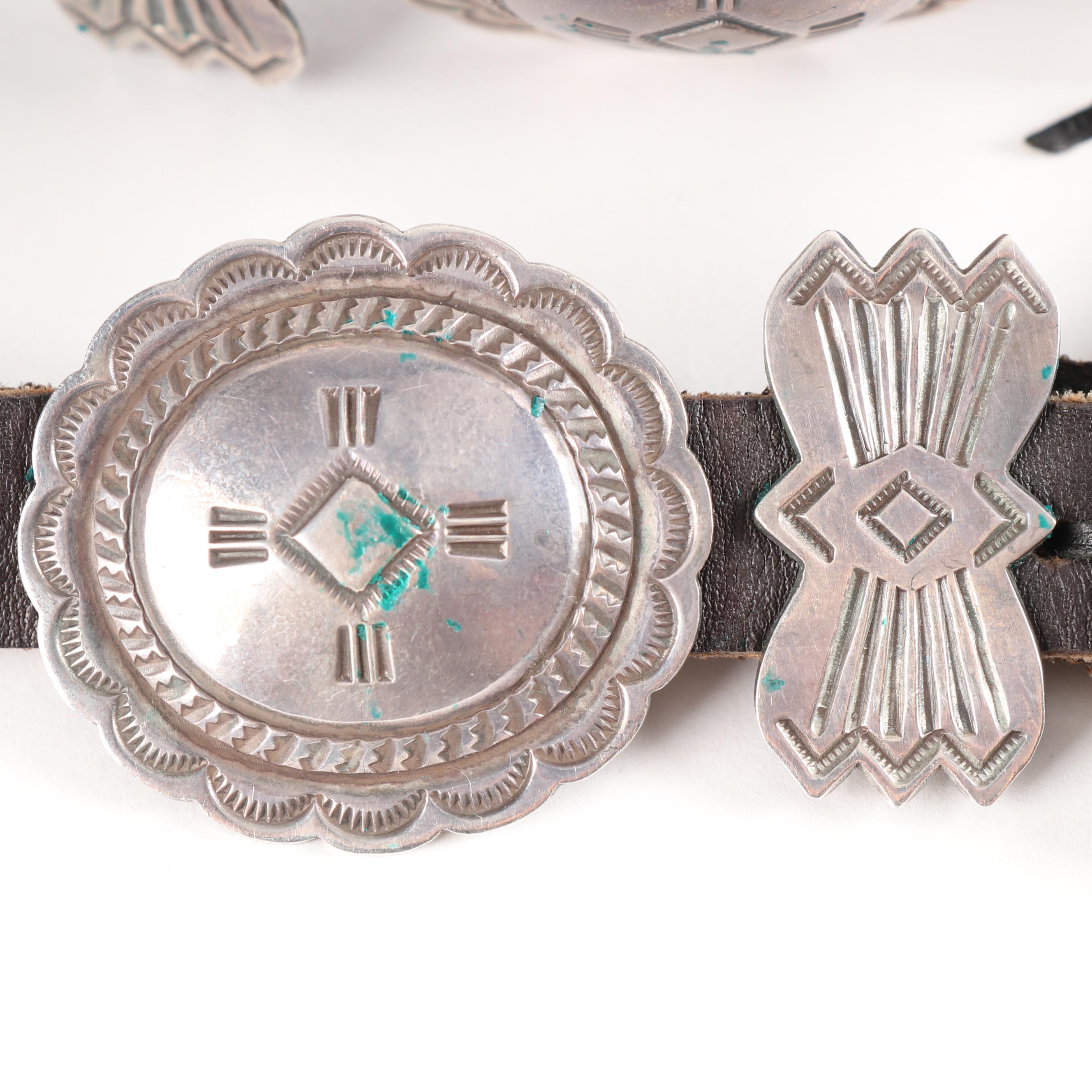 Vintage Roger Skeet Native American Navajo Sterling Silver Concho Leather Belt