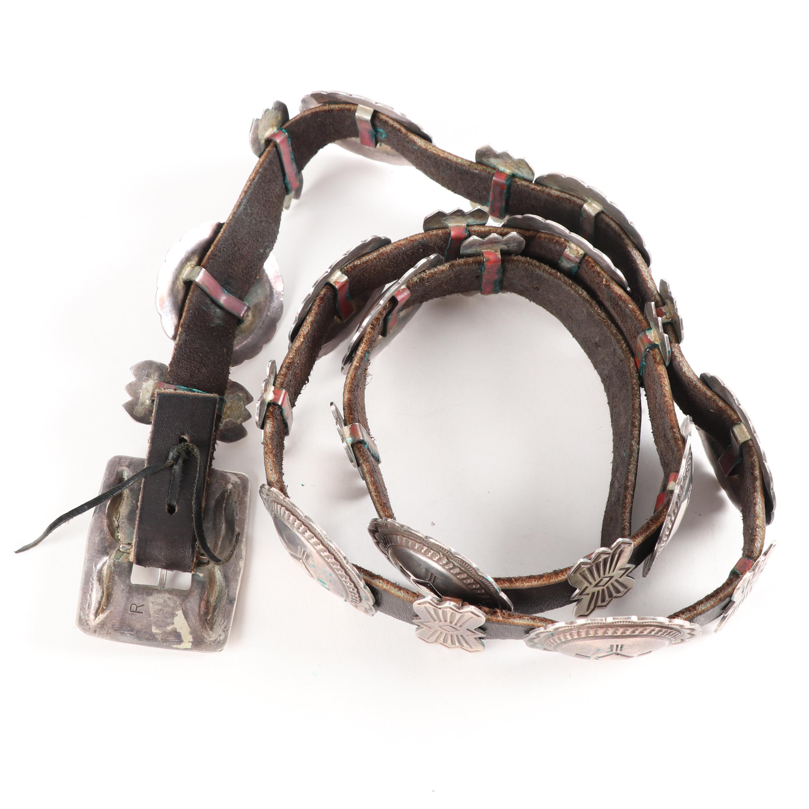 Vintage Roger Skeet Native American Navajo Sterling Silver Concho Leather Belt