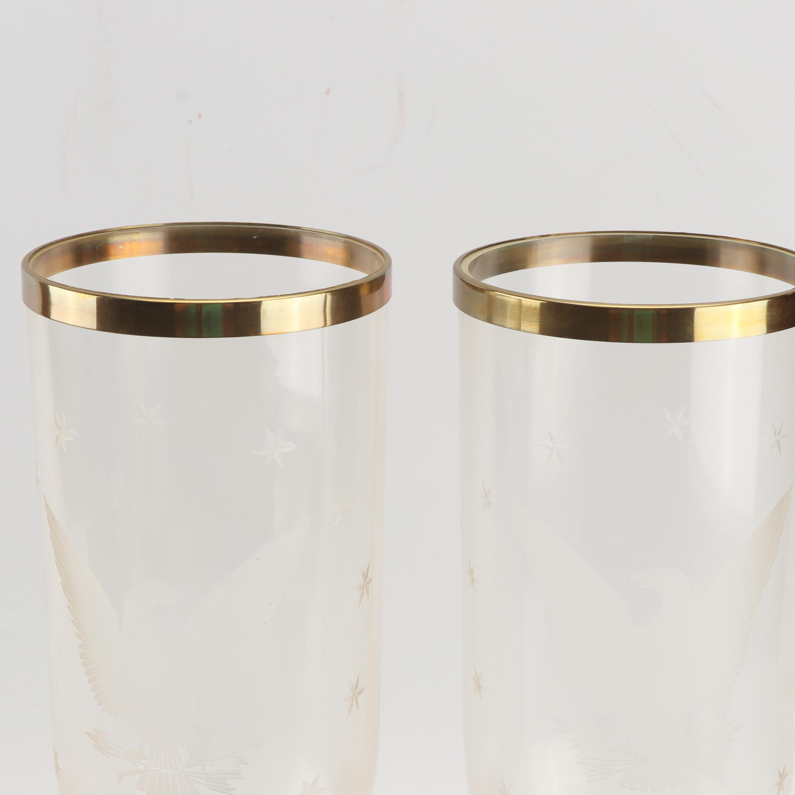 Etched American Eagle Glass and Brass Candleholders