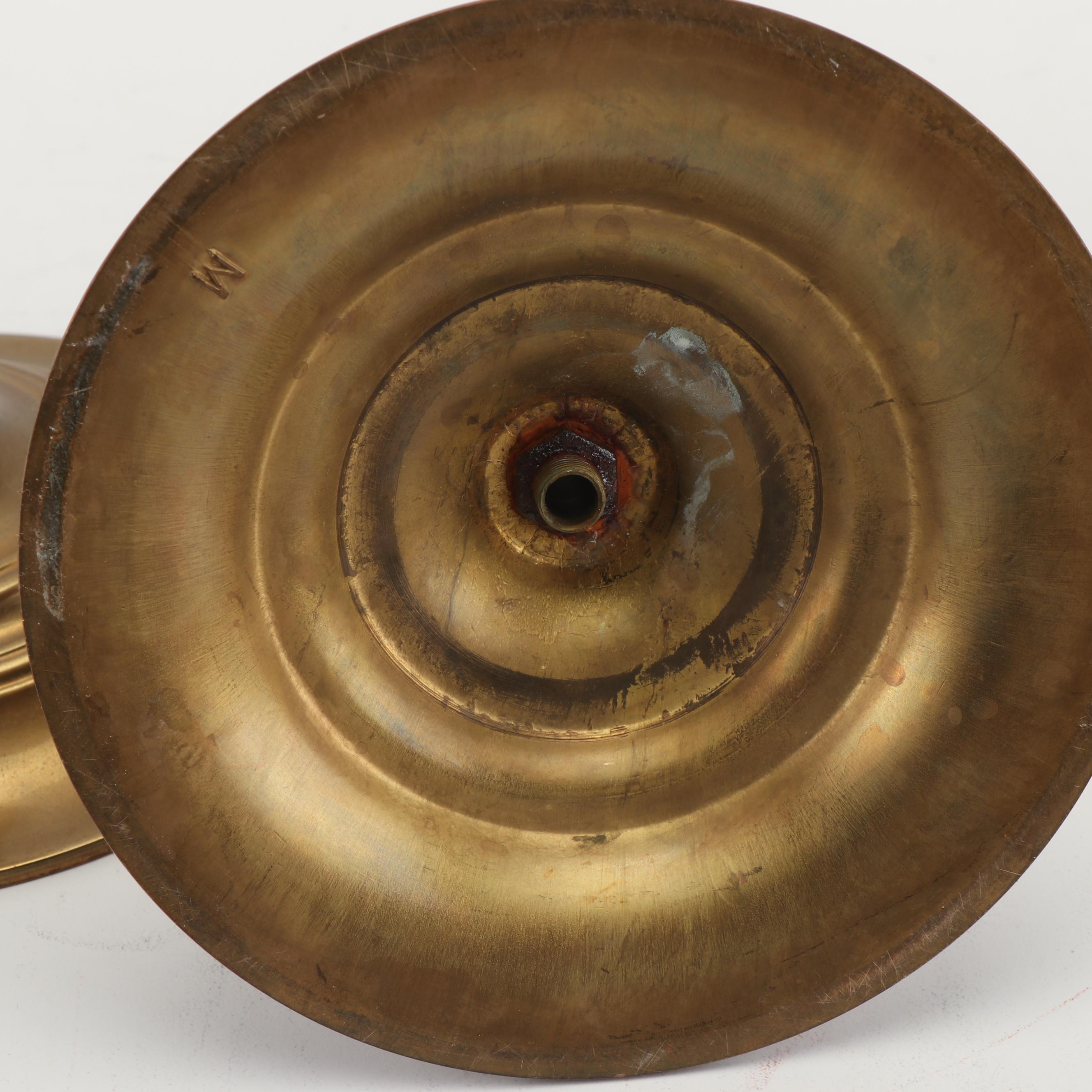 Etched American Eagle Glass and Brass Candleholders