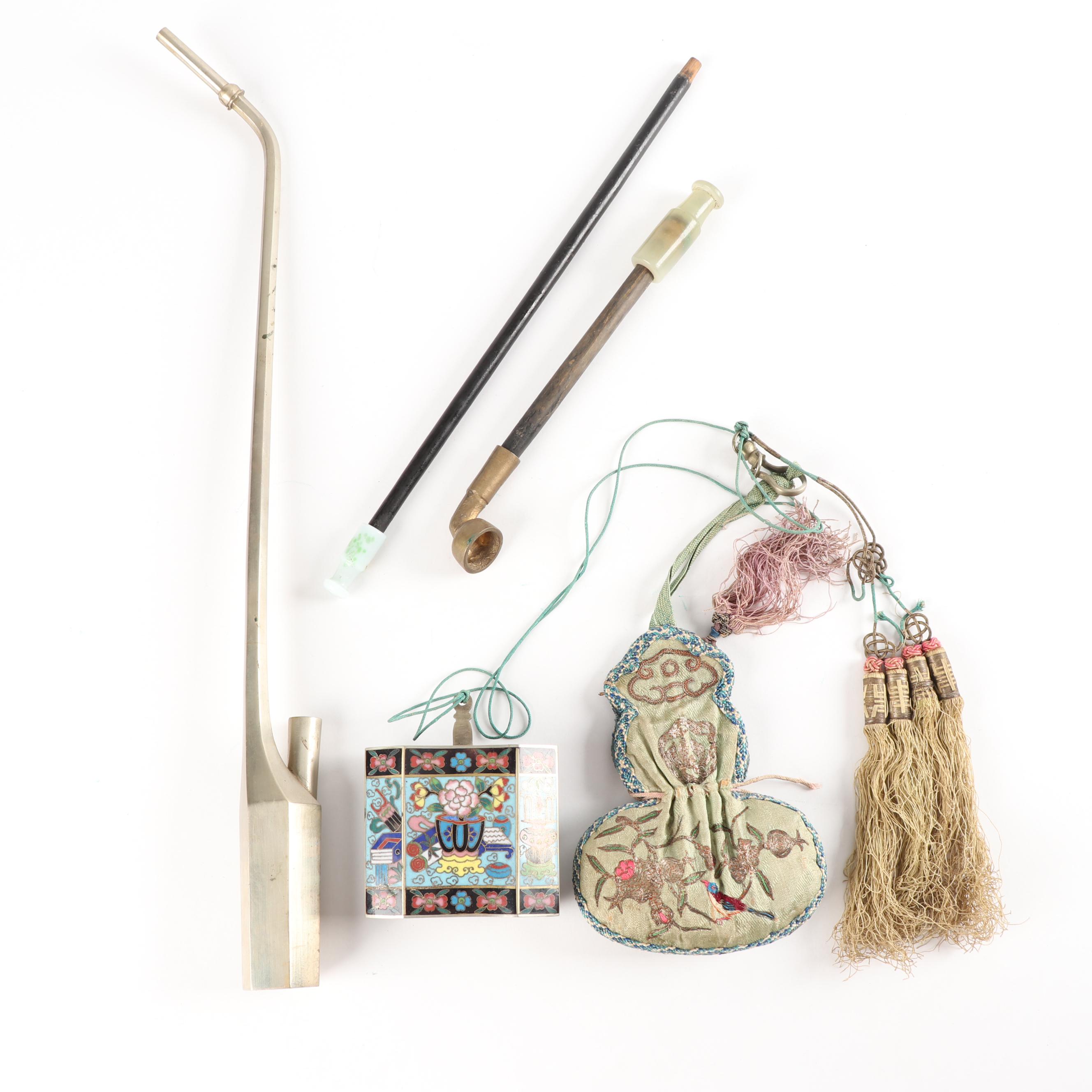Chinese Cloisonné Water Pipe with Other Pipes and Embroidered Pouch