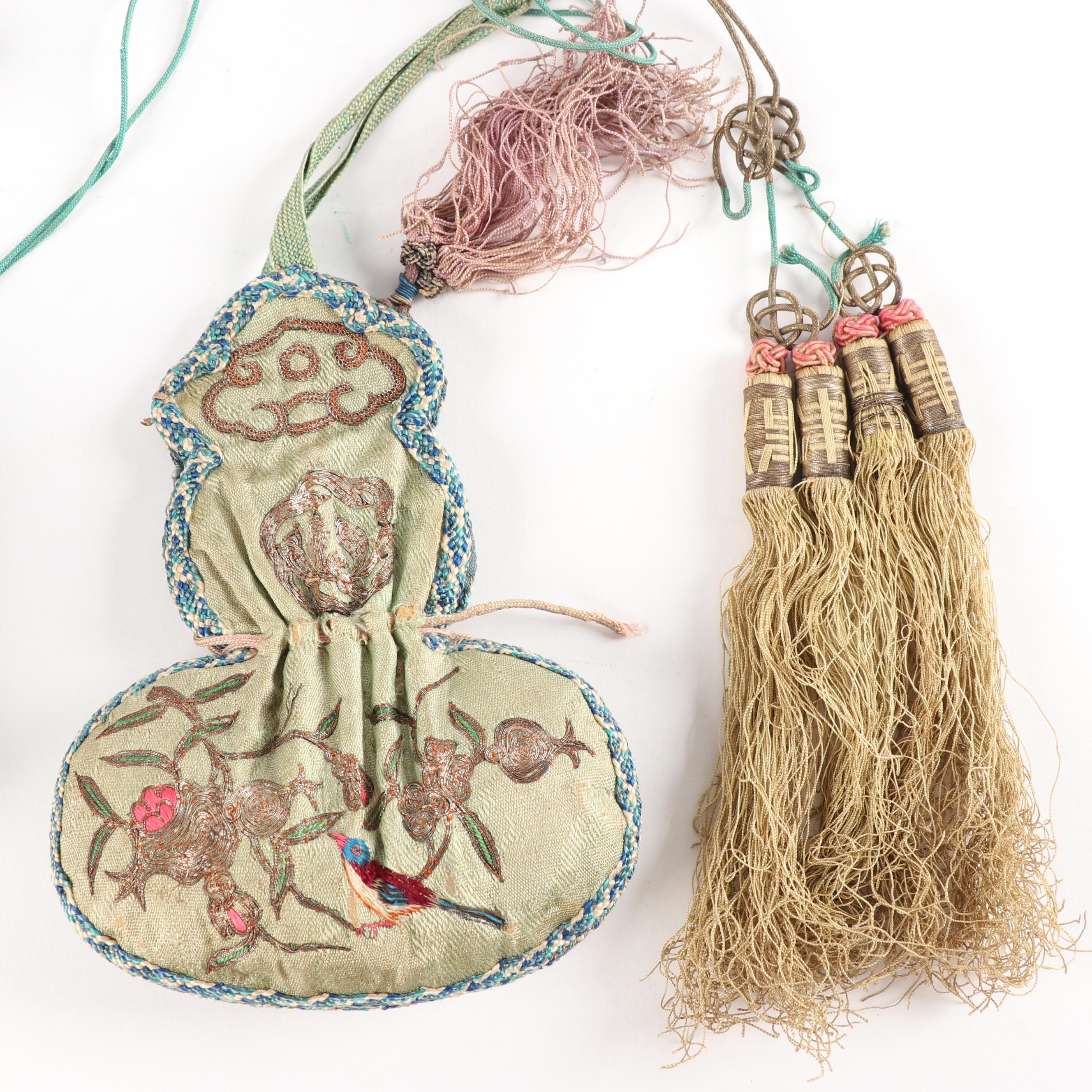 Chinese Cloisonné Water Pipe with Other Pipes and Embroidered Pouch