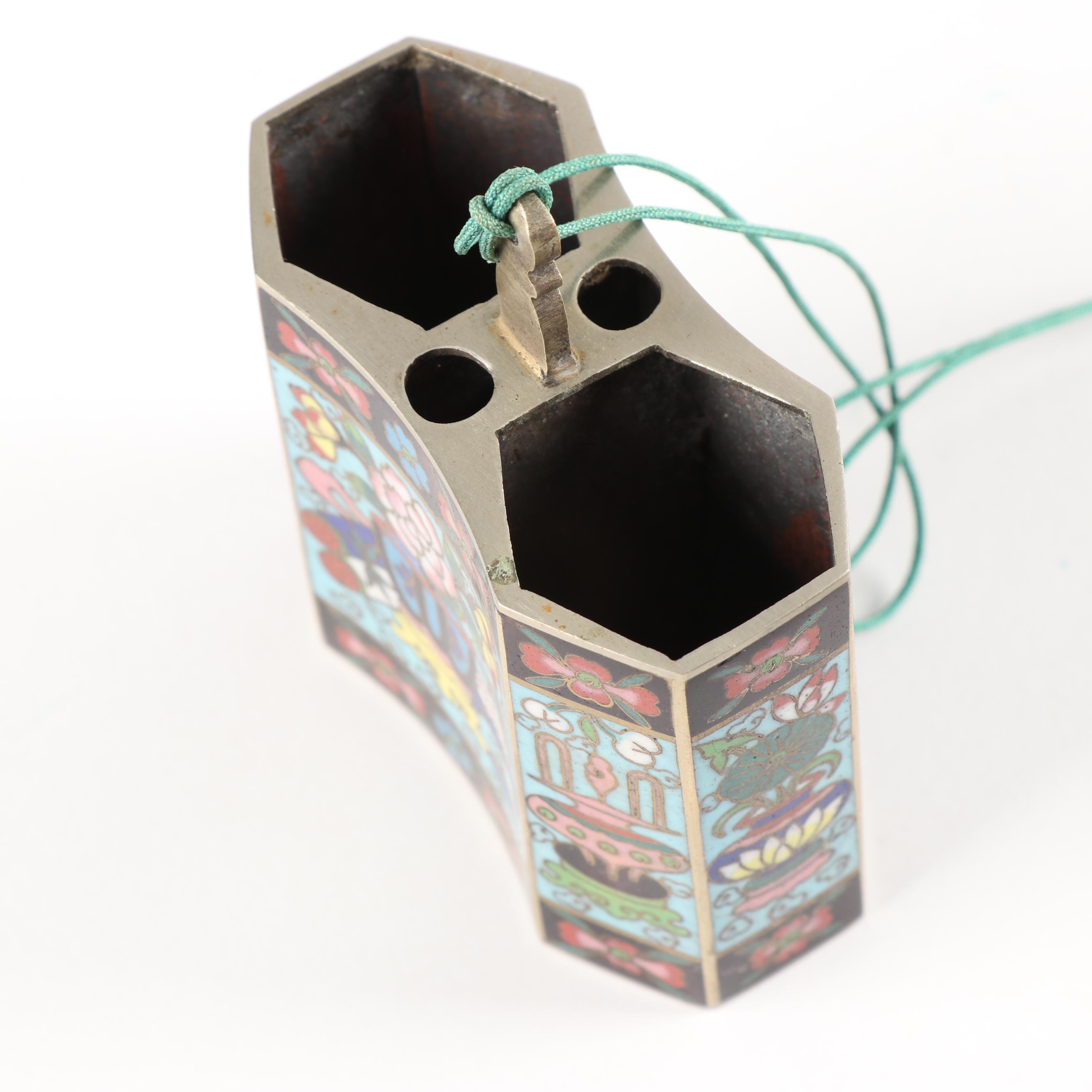 Chinese Cloisonné Water Pipe with Other Pipes and Embroidered Pouch