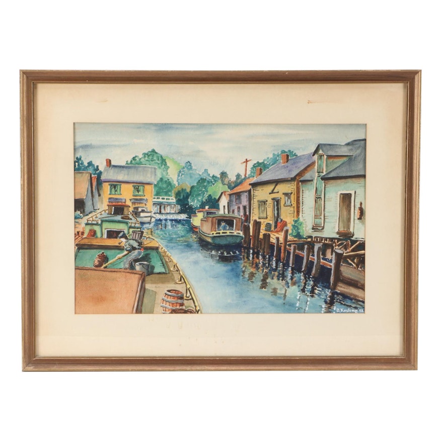 B. Kesling Vintage Watercolor Painting of  Boats at Dock