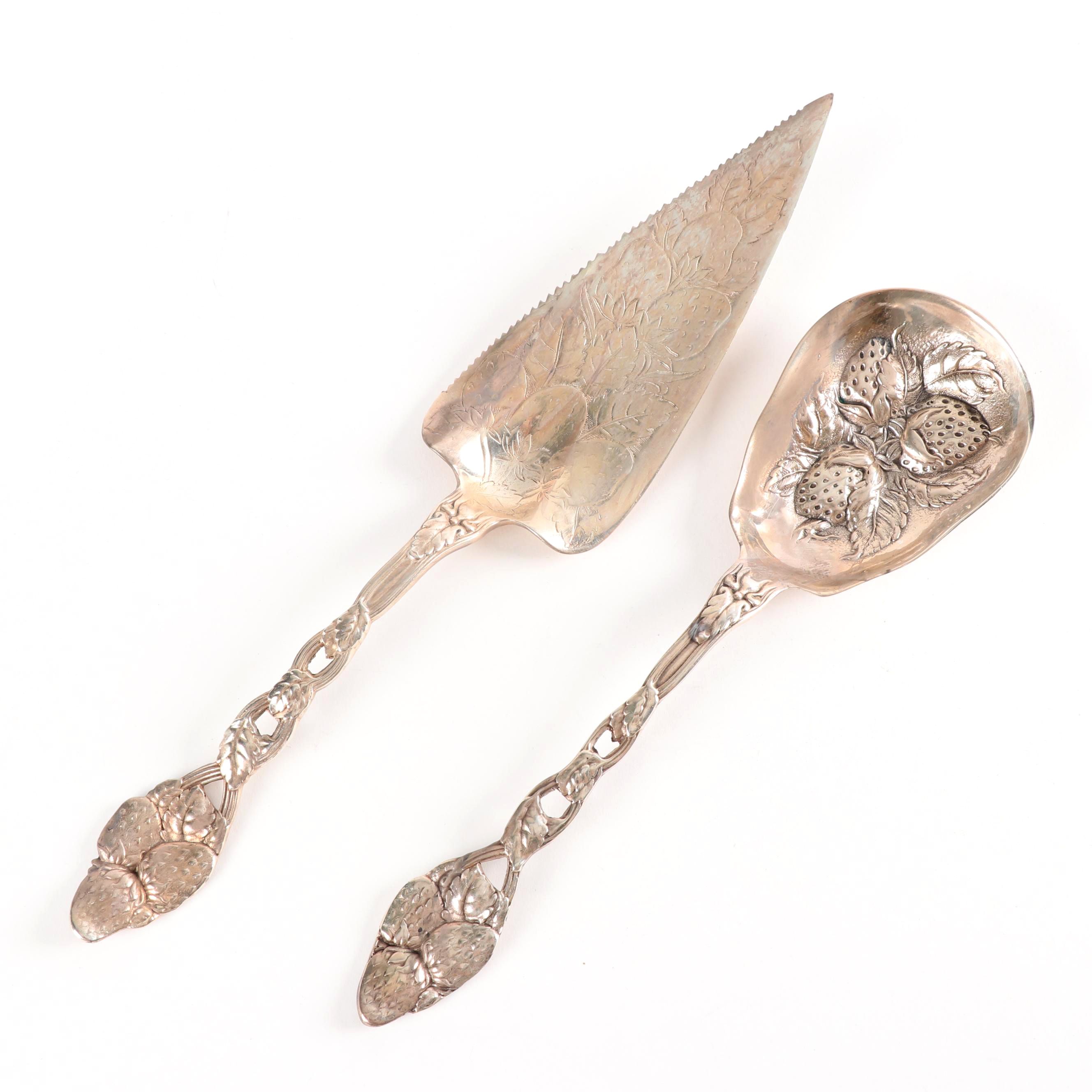 Sterling Silver Strawberry Motif Cake Server and Berry Spoon