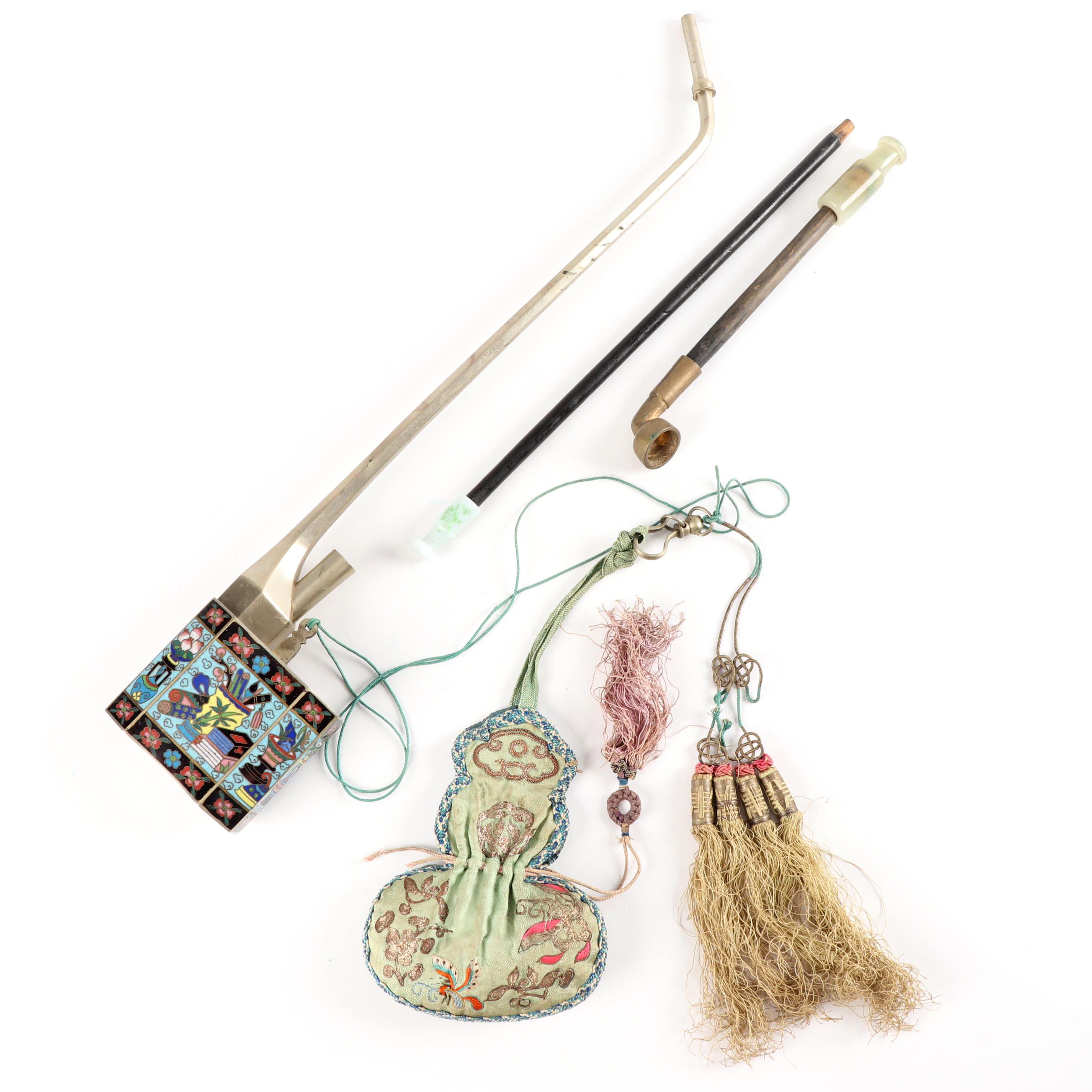 Chinese Cloisonné Water Pipe with Other Pipes and Embroidered Pouch
