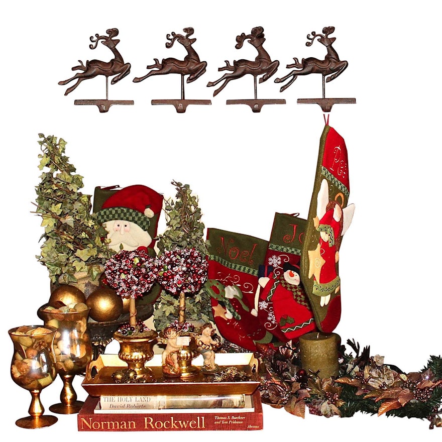 Large Assortment of Christmas Decor Including a Normal Rockwell Book