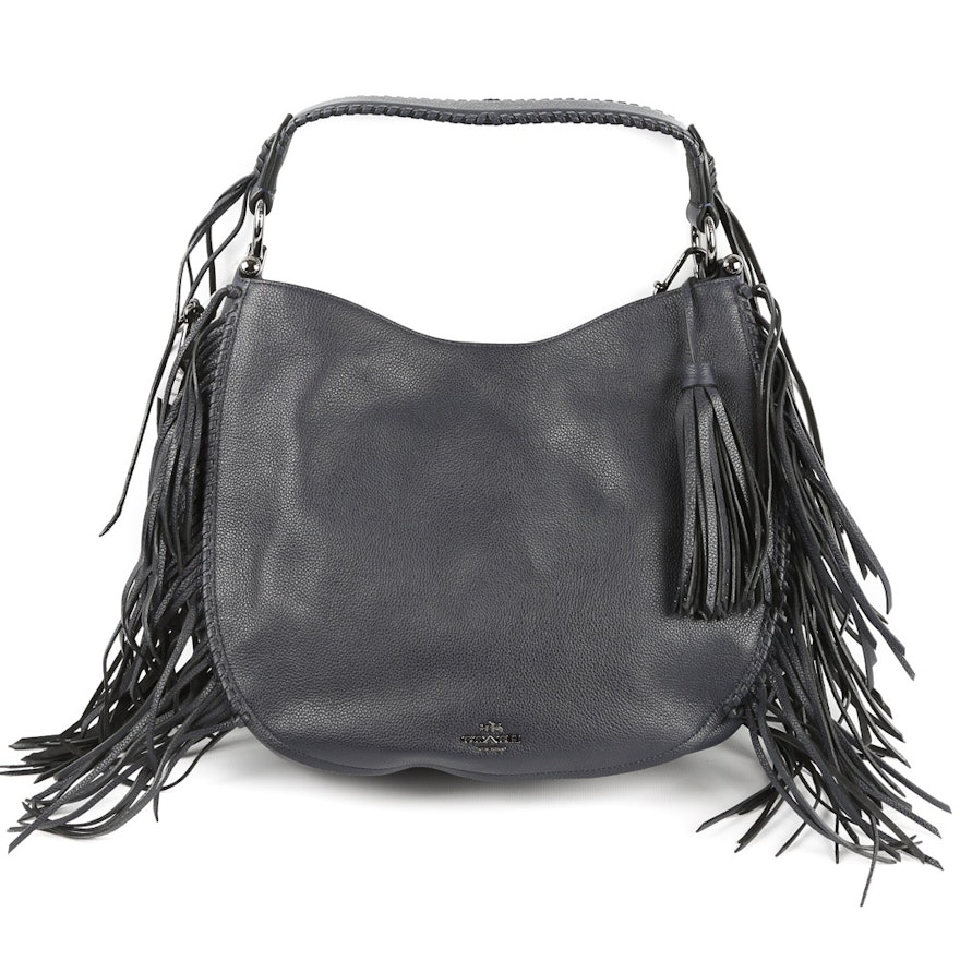 Coach Nomad Dark Navy Pebble Leather Fringed Hobo Bag