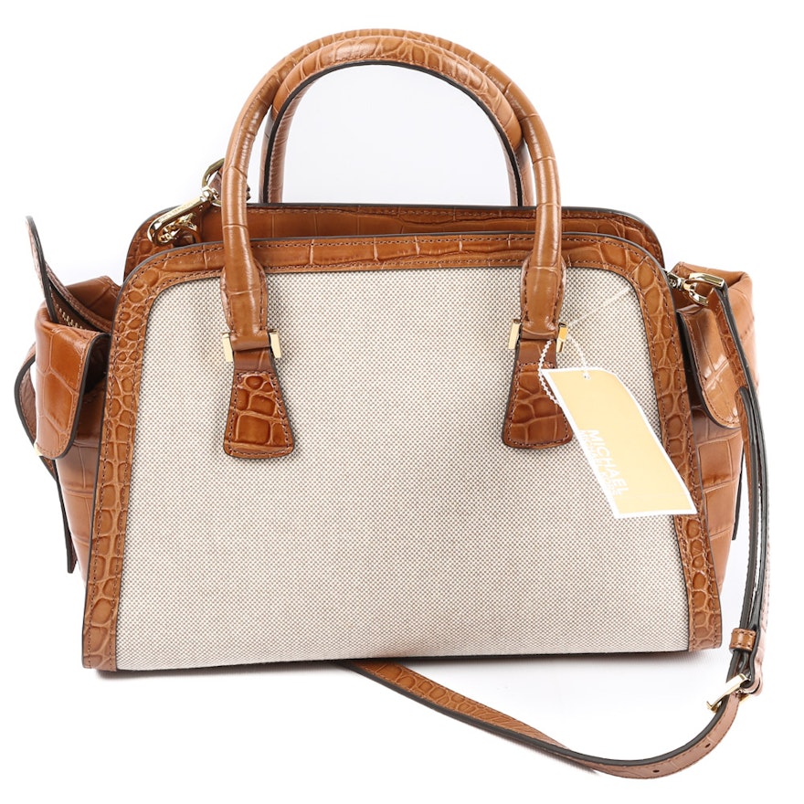 MICHAEL Michael Kors Harper Ecru Canvas and Walnut Leather Satchel