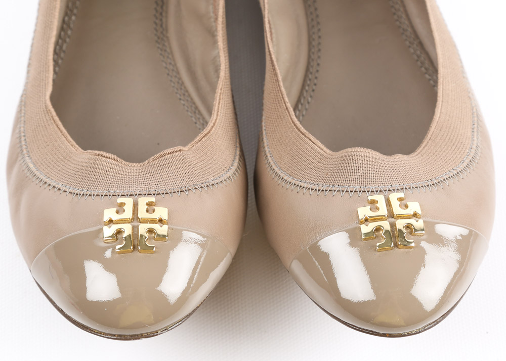 Tory Burch "Jolie" Ballet Flat in Taupe Leather with Patent Leather Cap Toes
