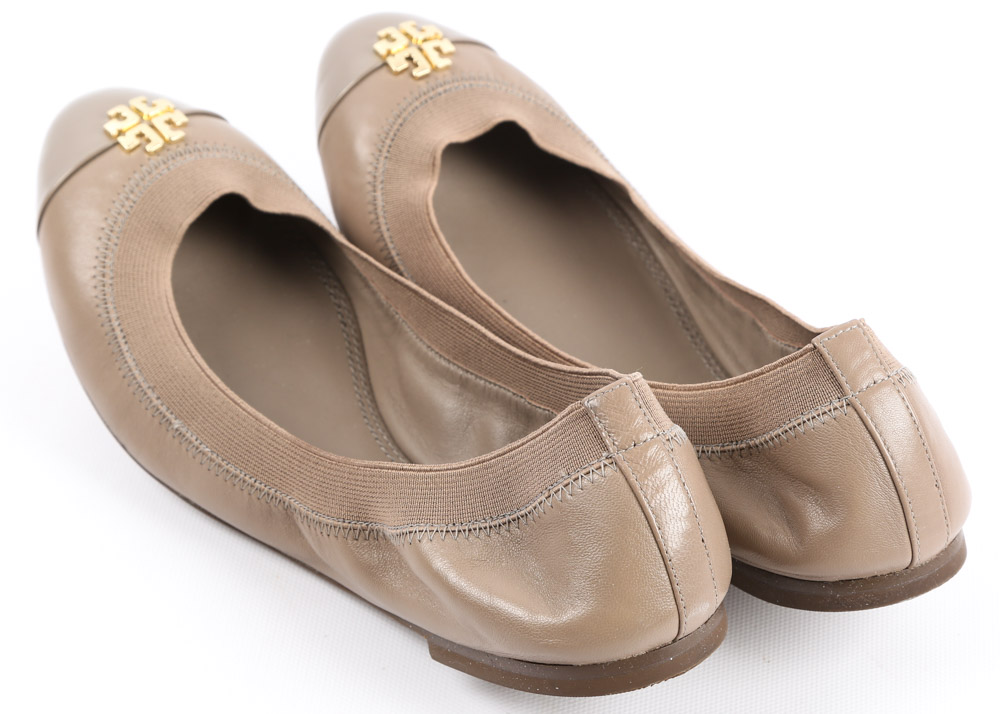 Tory Burch "Jolie" Ballet Flat in Taupe Leather with Patent Leather Cap Toes