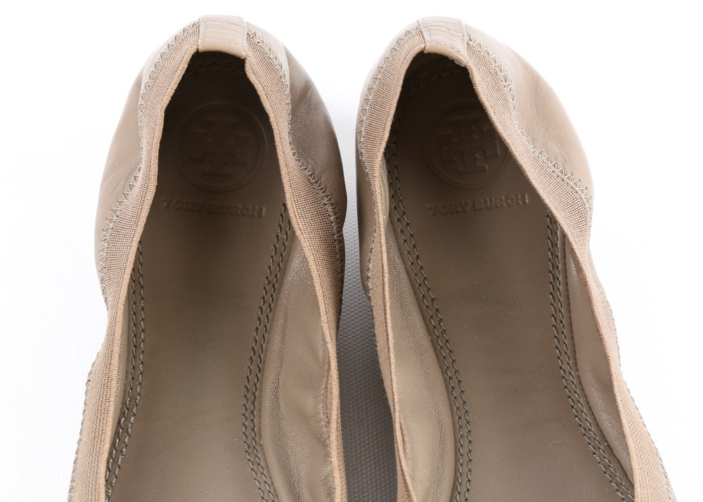 Tory Burch "Jolie" Ballet Flat in Taupe Leather with Patent Leather Cap Toes