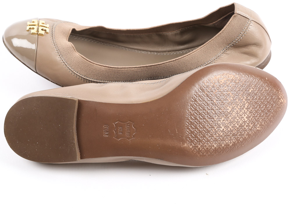 Tory Burch "Jolie" Ballet Flat in Taupe Leather with Patent Leather Cap Toes