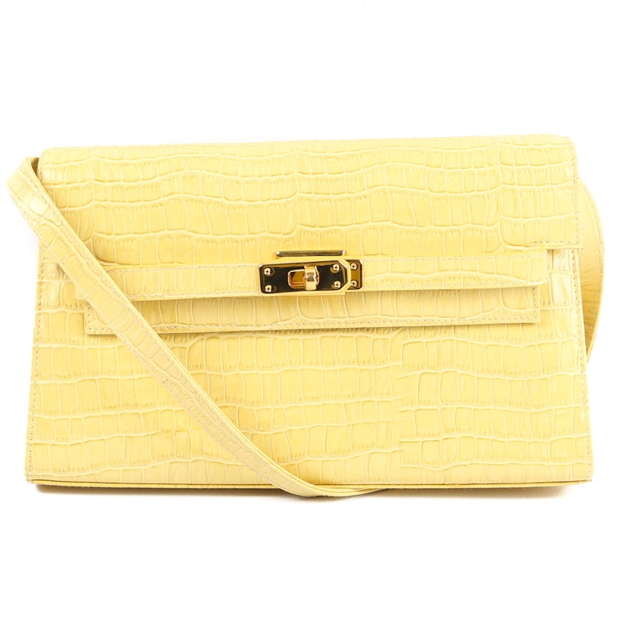 Ashneil Yellow Crocodile Embossed Leather Flap-Front Handbag