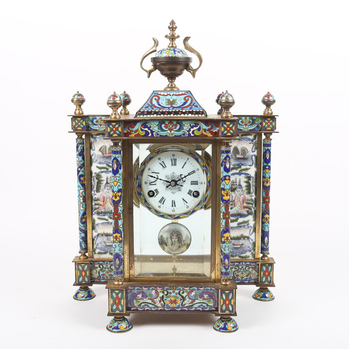 Chinese Cloisonné Empire Style Mantel Clock with Hand-Painted Porcelain Panels