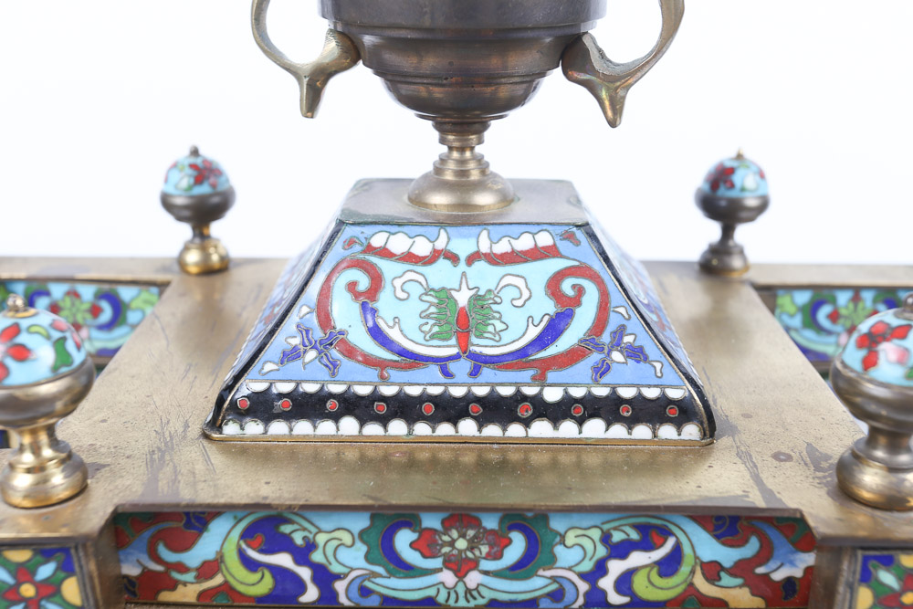 Chinese Cloisonné Empire Style Mantel Clock with Hand-Painted Porcelain Panels