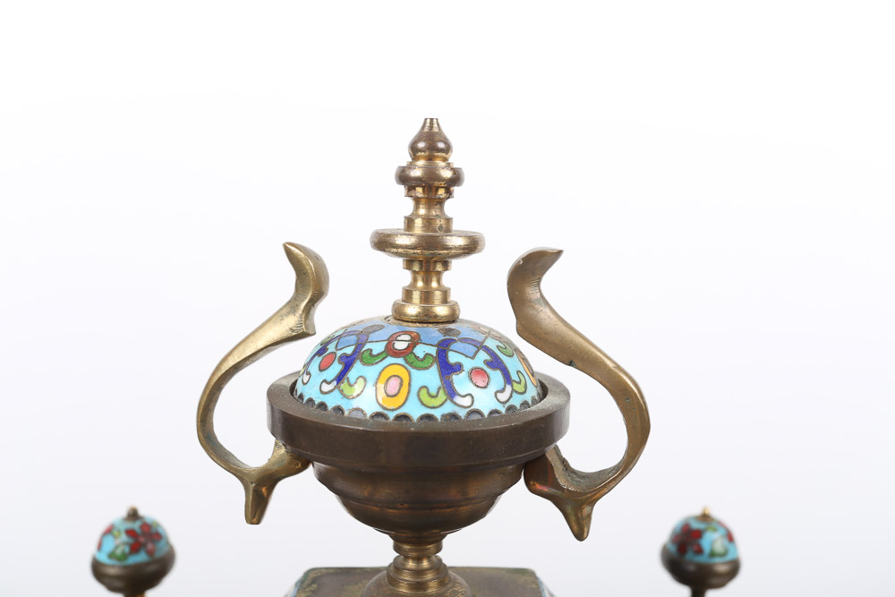 Chinese Cloisonné Empire Style Mantel Clock with Hand-Painted Porcelain Panels