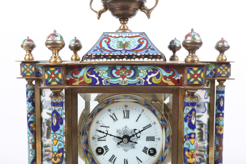 Chinese Cloisonné Empire Style Mantel Clock with Hand-Painted Porcelain Panels