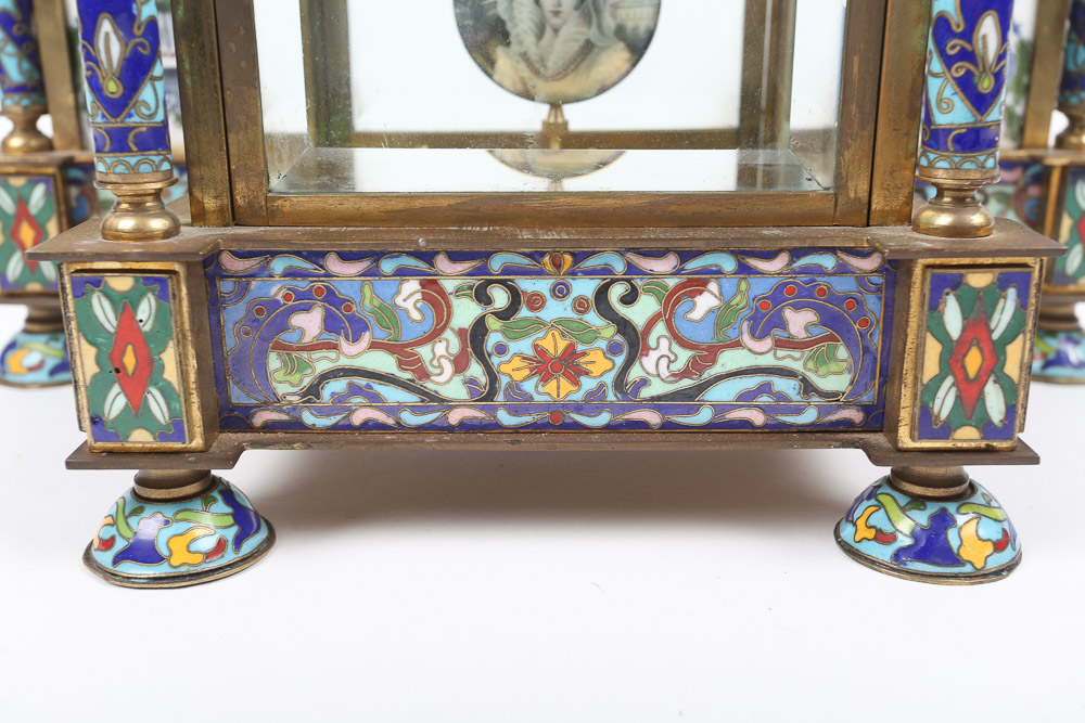 Chinese Cloisonné Empire Style Mantel Clock with Hand-Painted Porcelain Panels