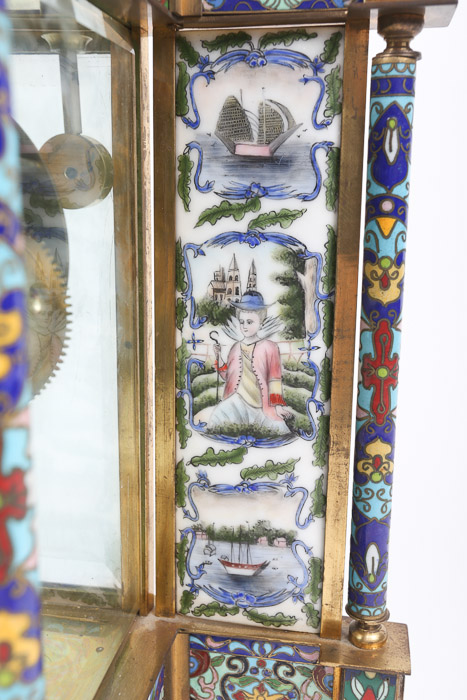 Chinese Cloisonné Empire Style Mantel Clock with Hand-Painted Porcelain Panels