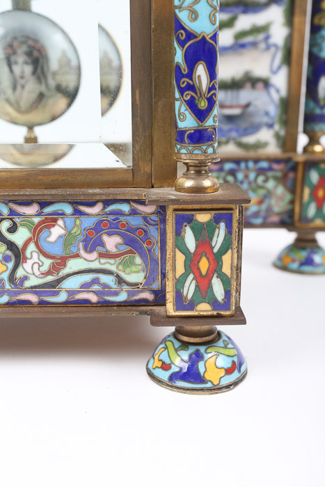 Chinese Cloisonné Empire Style Mantel Clock with Hand-Painted Porcelain Panels