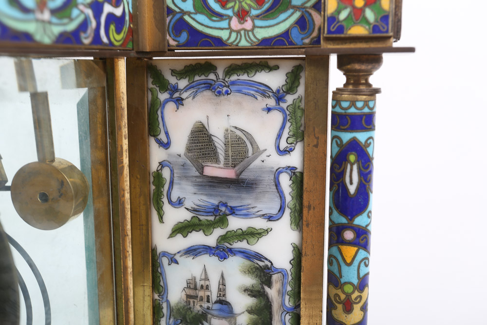 Chinese Cloisonné Empire Style Mantel Clock with Hand-Painted Porcelain Panels