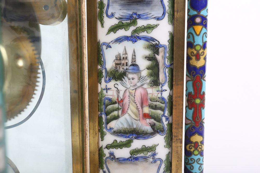 Chinese Cloisonné Empire Style Mantel Clock with Hand-Painted Porcelain Panels