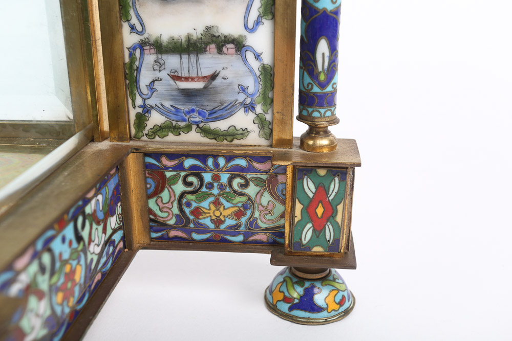 Chinese Cloisonné Empire Style Mantel Clock with Hand-Painted Porcelain Panels