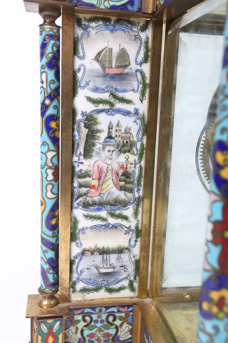 Chinese Cloisonné Empire Style Mantel Clock with Hand-Painted Porcelain Panels