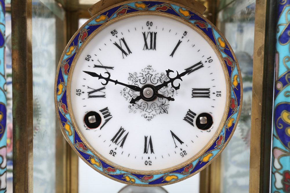 Chinese Cloisonné Empire Style Mantel Clock with Hand-Painted Porcelain Panels