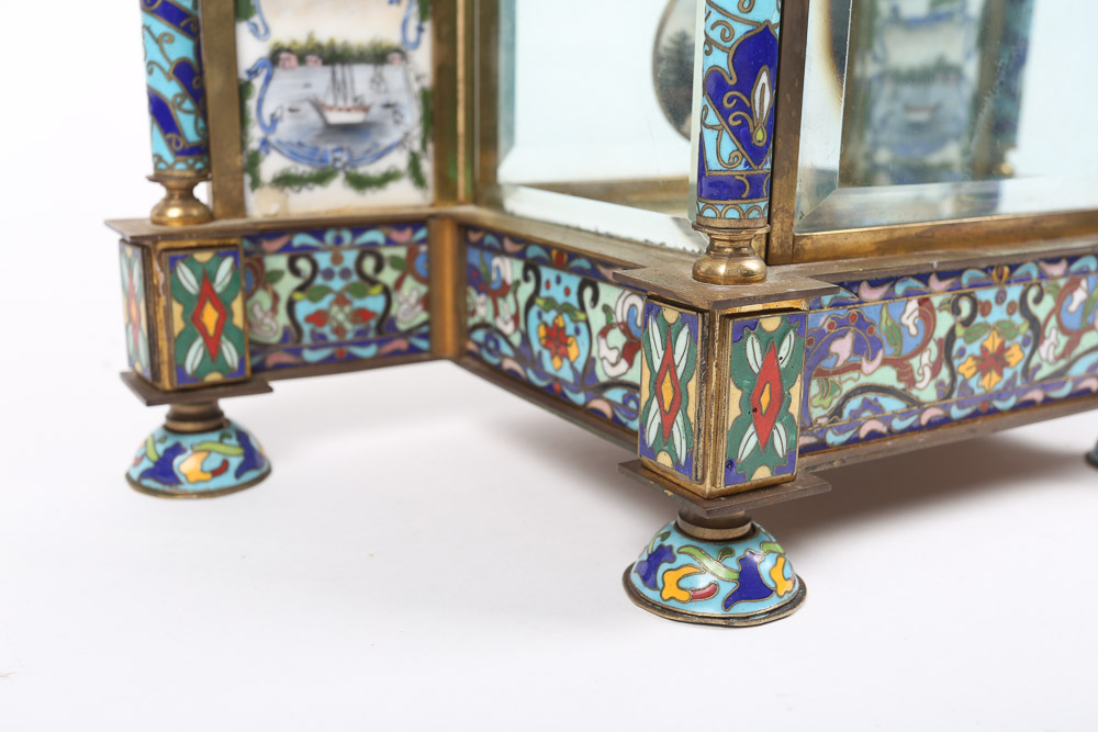 Chinese Cloisonné Empire Style Mantel Clock with Hand-Painted Porcelain Panels