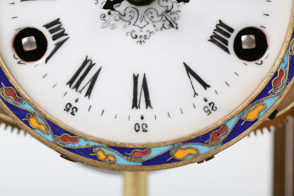 Chinese Cloisonné Empire Style Mantel Clock with Hand-Painted Porcelain Panels