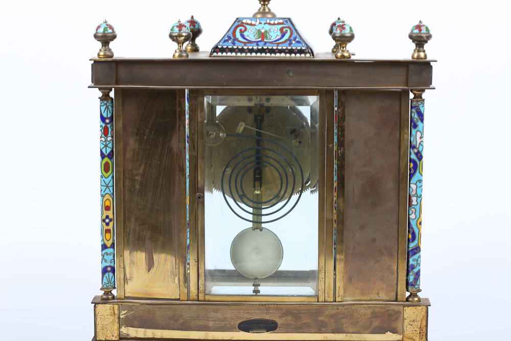 Chinese Cloisonné Empire Style Mantel Clock with Hand-Painted Porcelain Panels