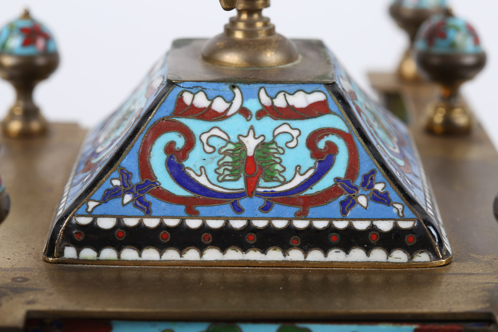 Chinese Cloisonné Empire Style Mantel Clock with Hand-Painted Porcelain Panels