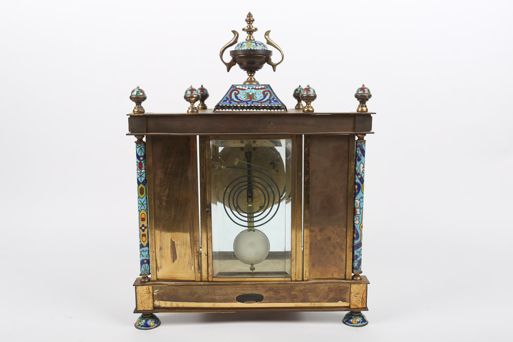 Chinese Cloisonné Empire Style Mantel Clock with Hand-Painted Porcelain Panels
