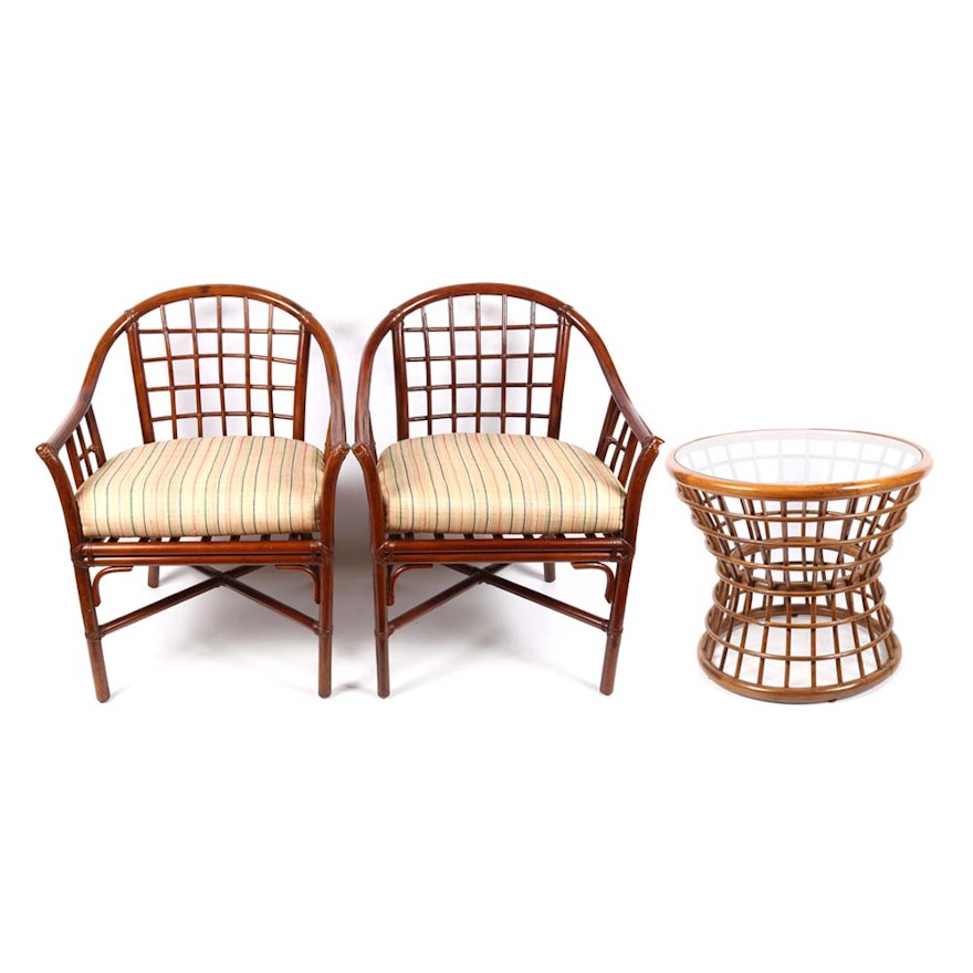 Vintage Rattan Arm Chairs and Side Table