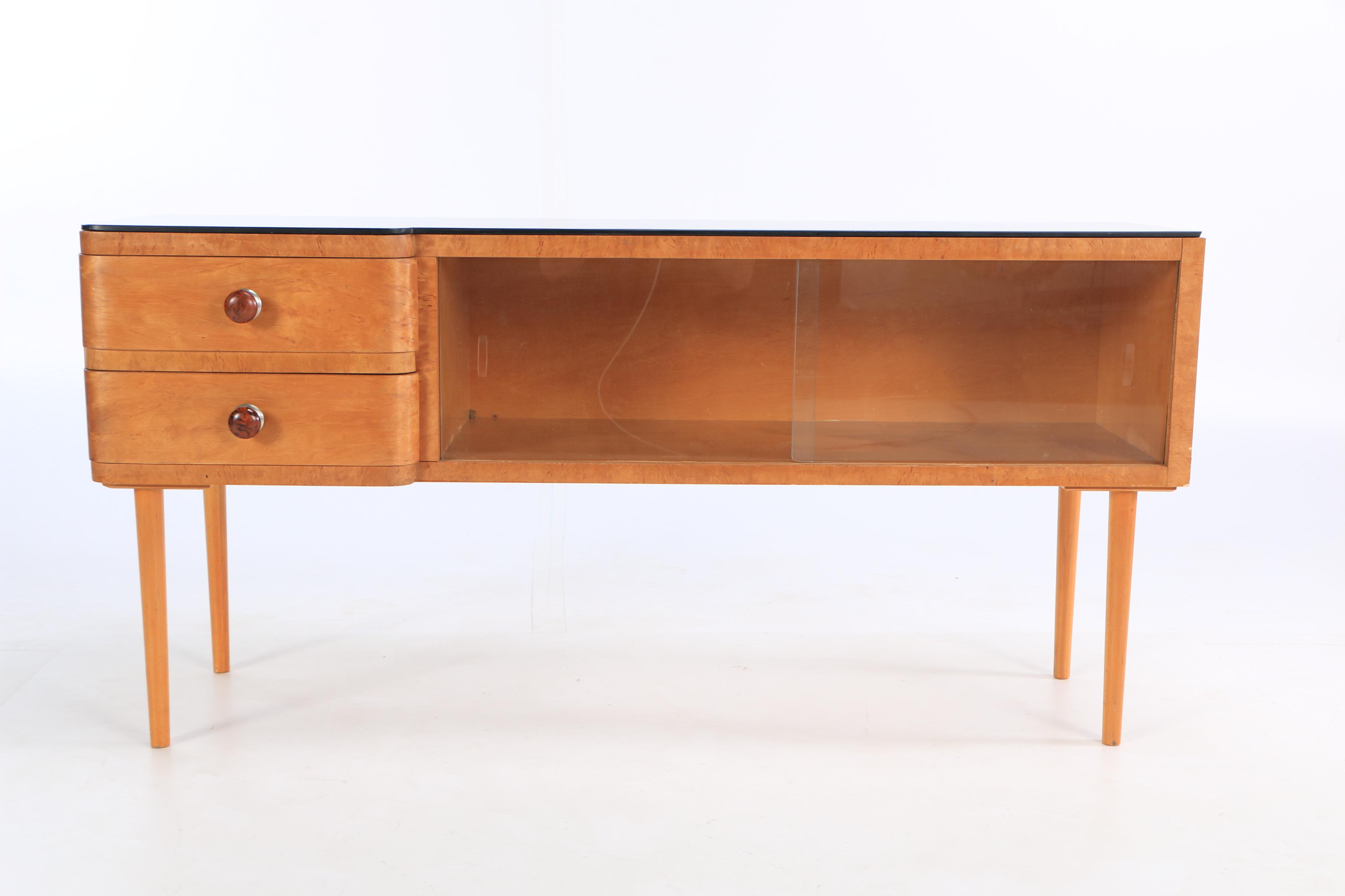 Mid Century Modern Console with Black Glass Top