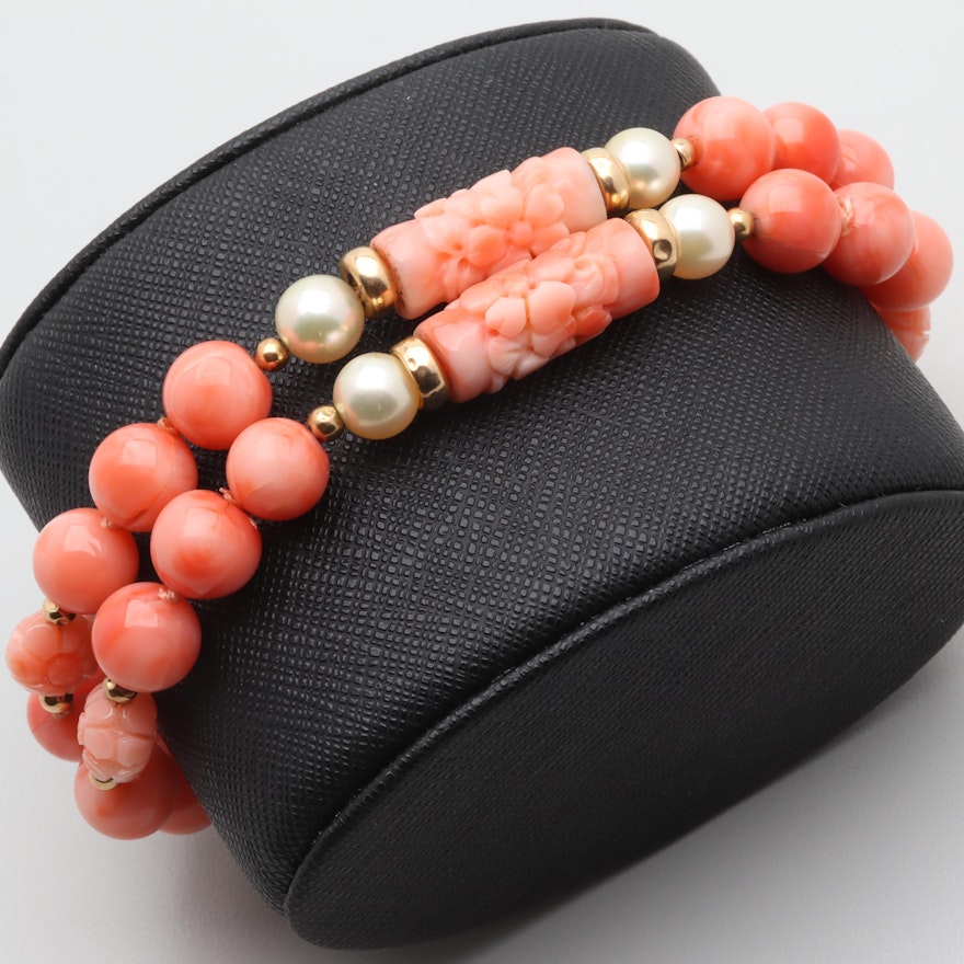 14K Yellow Gold Coral and Cultured Pearl Beaded Bracelet