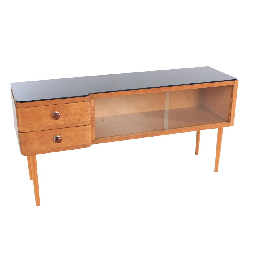 Mid Century Modern Console with Black Glass Top