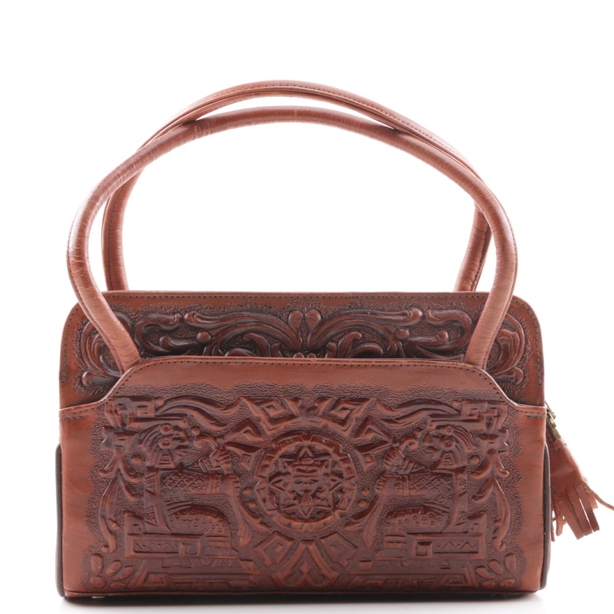 Circa 1970s Vintage Mont-Abur Tooled Leather Aztec Themed Handbag