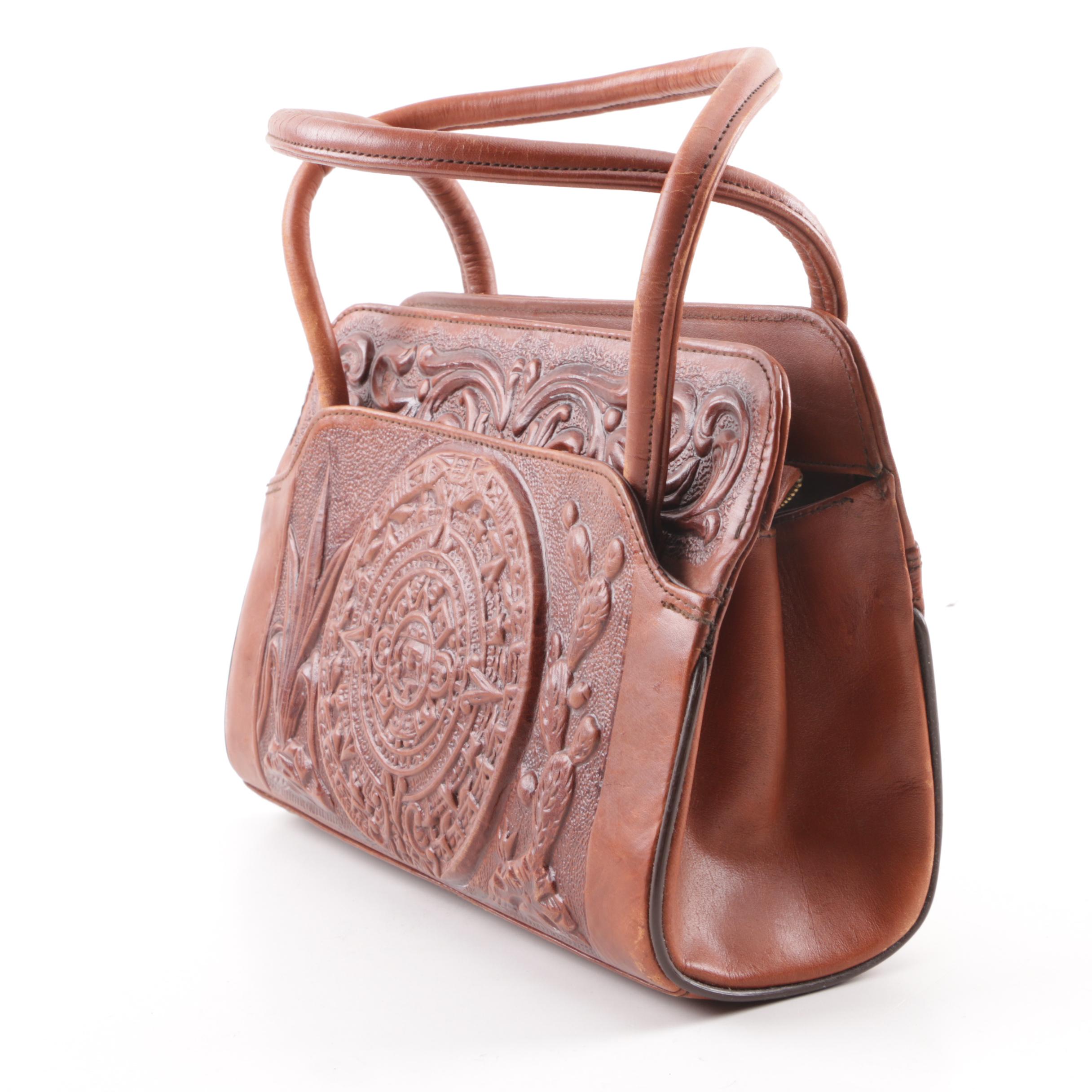 Circa 1970s Vintage Mont-Abur Tooled Leather Aztec Themed Handbag